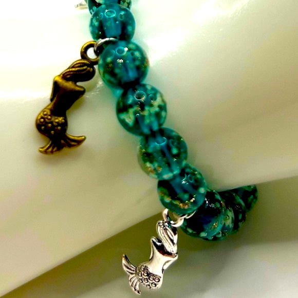 Handmade Glow-In-The-Dark Mermaid Charm Bracelet with Speckled Glass Beads! - Picture 5 of 9